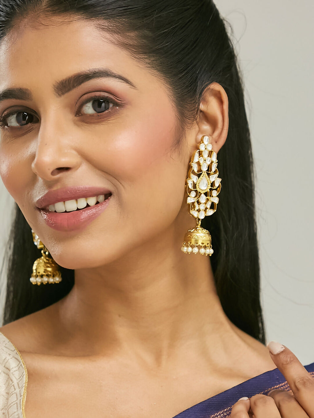 Nuyug 22K Gold-Plated Regal Kundan Stone Studded & Pearl Drop Jhumkas - Distacart