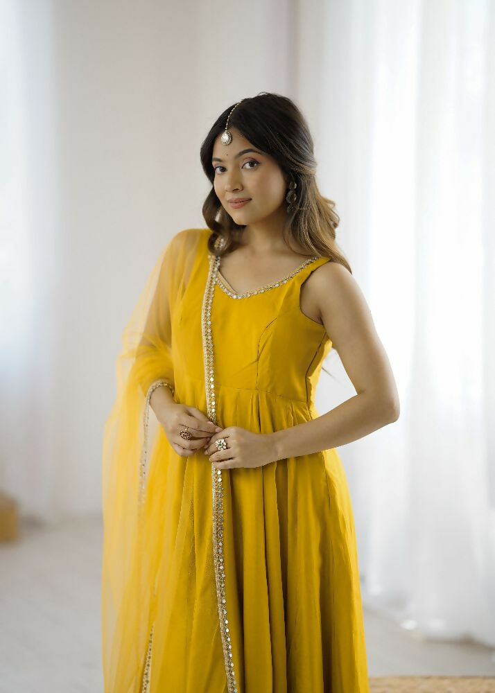 Joban Fashion Yellow Kurta Set Chanderi Sequence Embroidery Work - Distacart