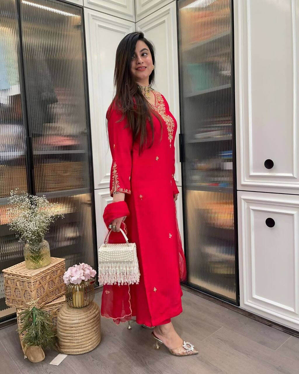 The52 Red Beautiful Embroidered Rayon Fabric Straight Kurta Pant with Dupatta Set - Distacart
