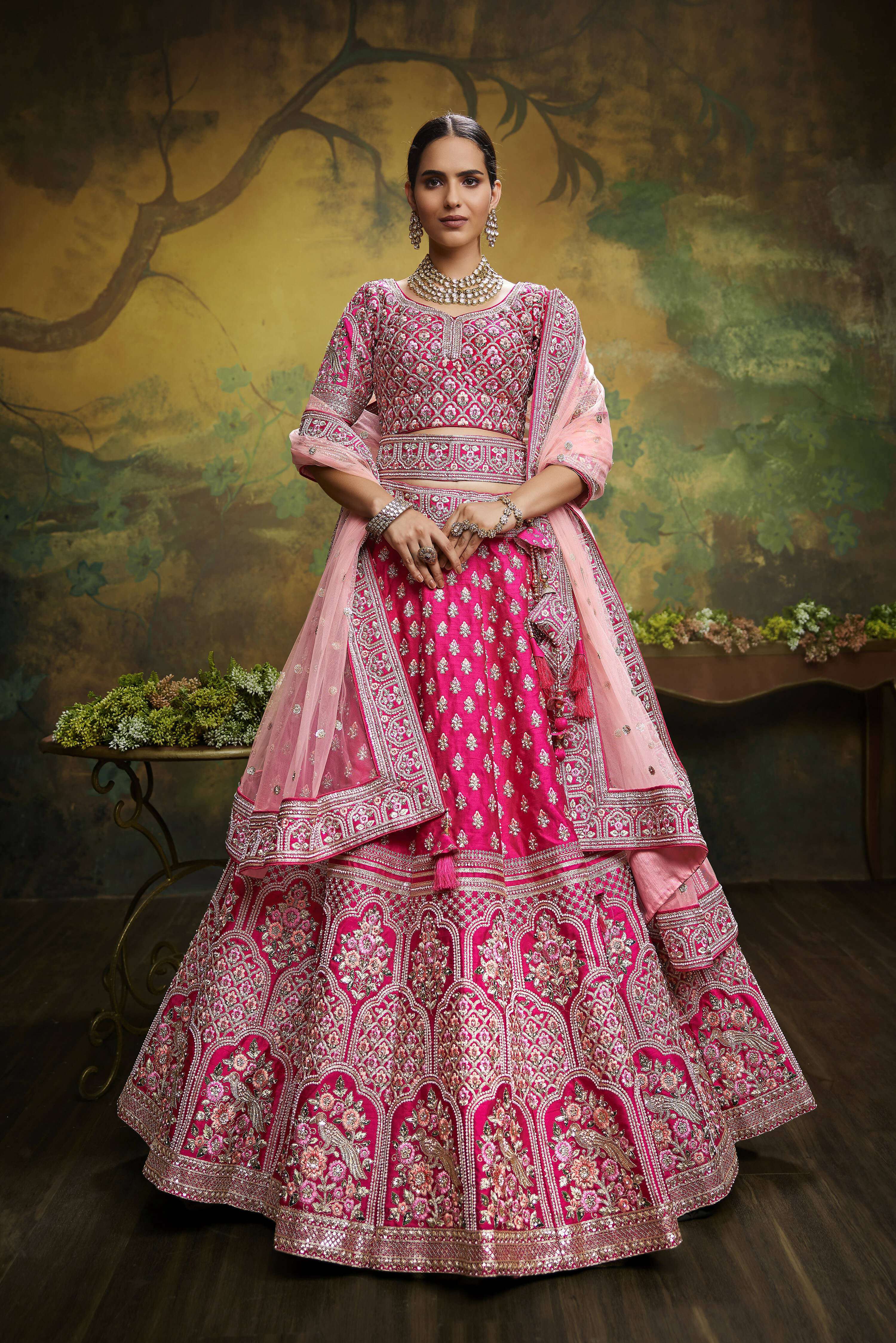 House of Panchhi Pink Pure Silk Moti & Zarkan heavy embroidery Lehenga choli & Dupatta