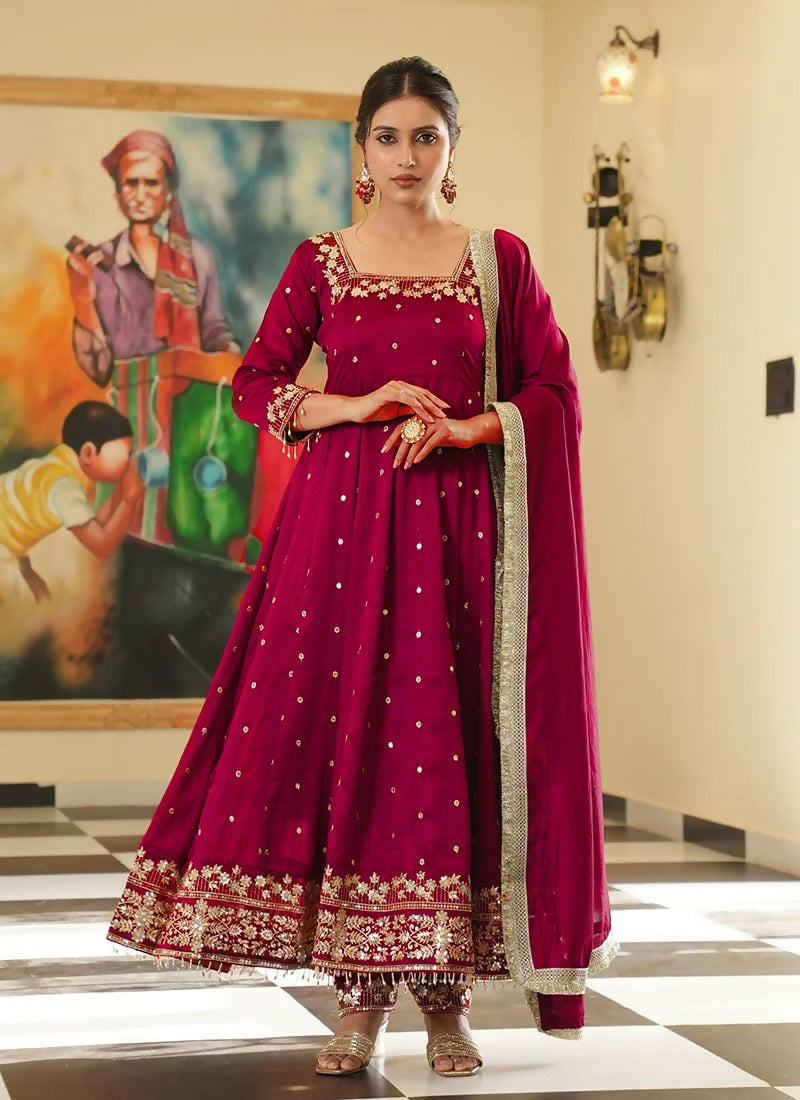 Teeya Creation Rani Color Pure Vichitra Silk Embroidery Work Party Wear Gown - Distacart