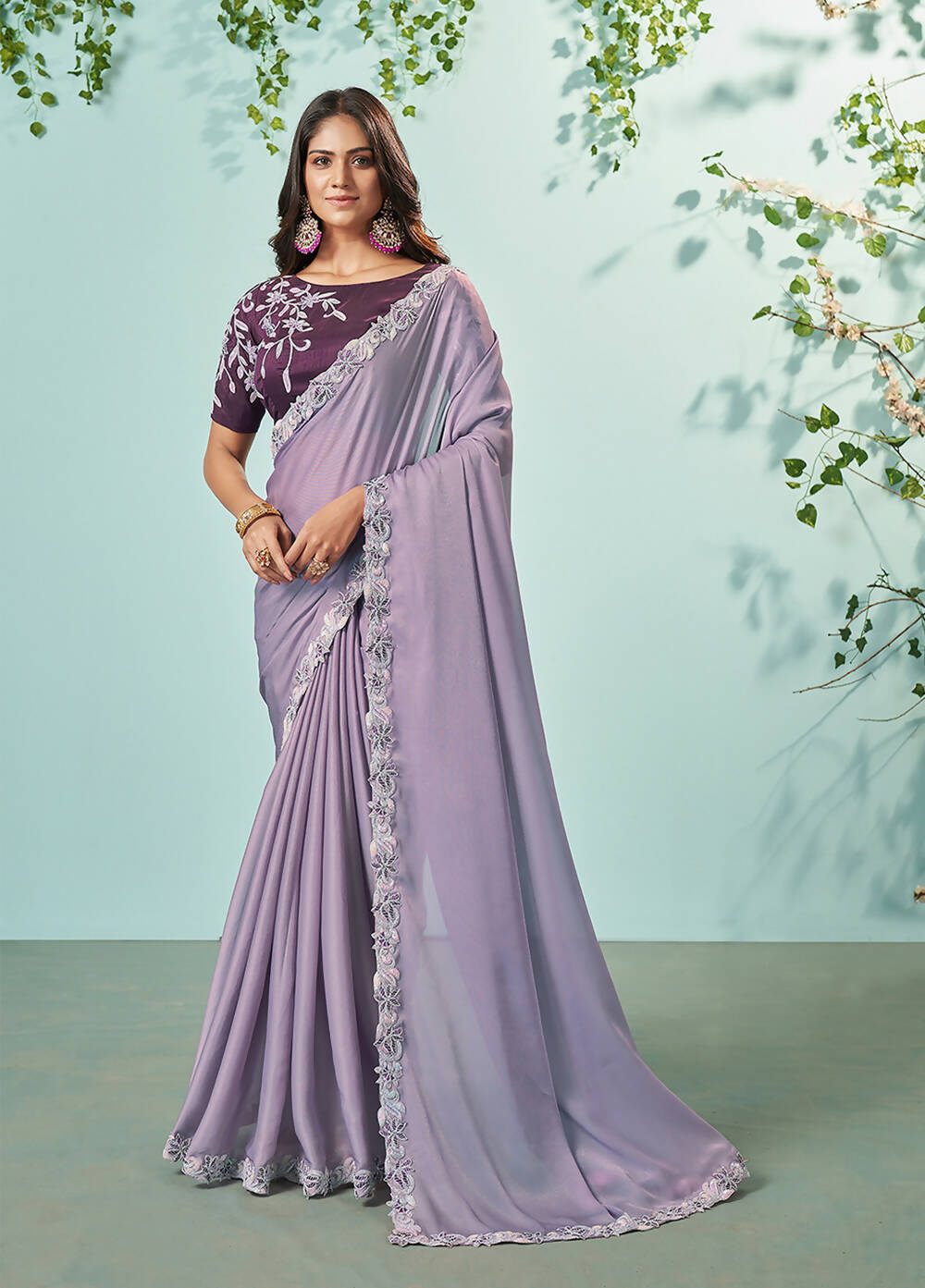 Violet Organza Silk Solid Saree With Unstitched Blouse Piece - Norita Ikshita
