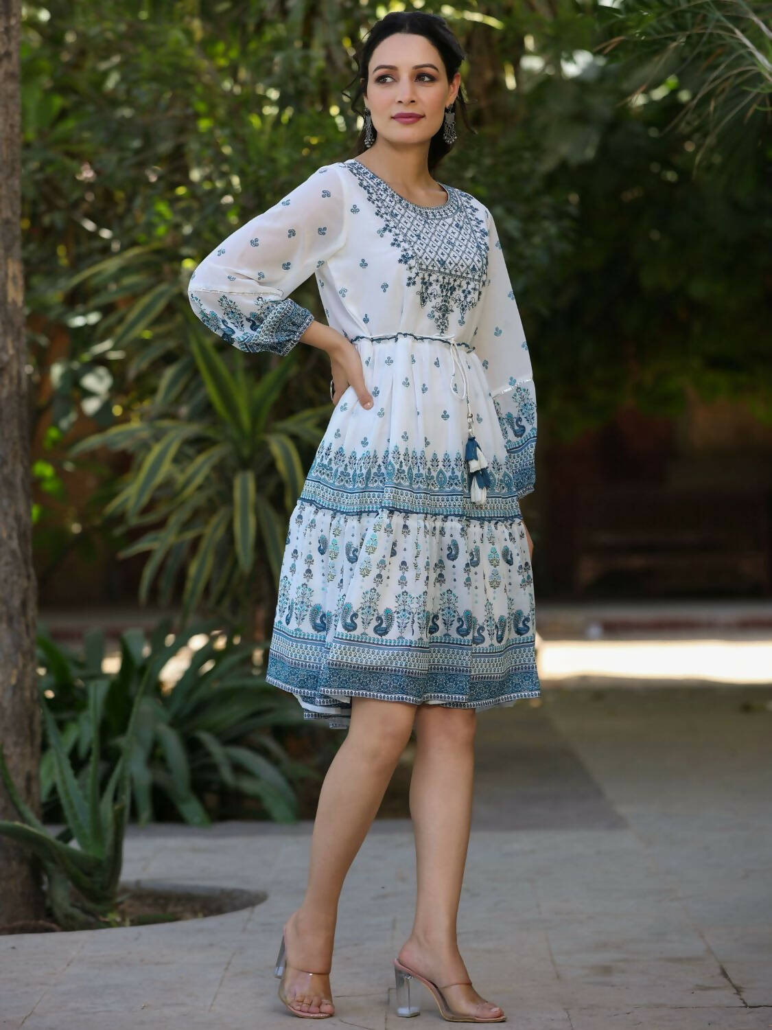 Juniper Women Off-White Georgette Printed Short Tiered Dress with Embroidered Yoke - Distacart