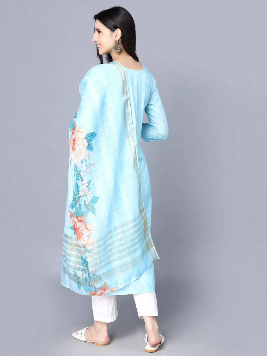 Myshka Women Turquoise Blue Panelled Pure Cotton Kurta with Trousers With Dupatta - Distacart