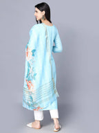 Myshka Women Turquoise Blue Panelled Pure Cotton Kurta with Trousers With Dupatta - Distacart