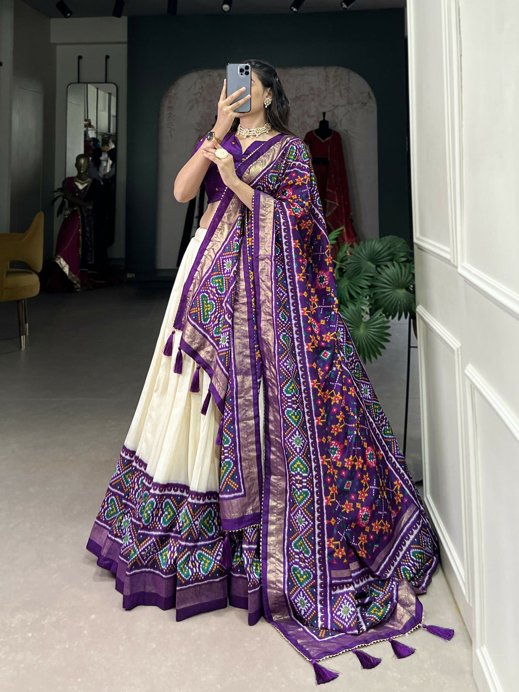 Lorenvalley Offwhite and Purple Tussar Silk Patola Print Lehenga Choli