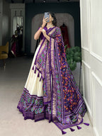 Lorenvalley Offwhite and Purple Tussar Silk Patola Print Lehenga Choli