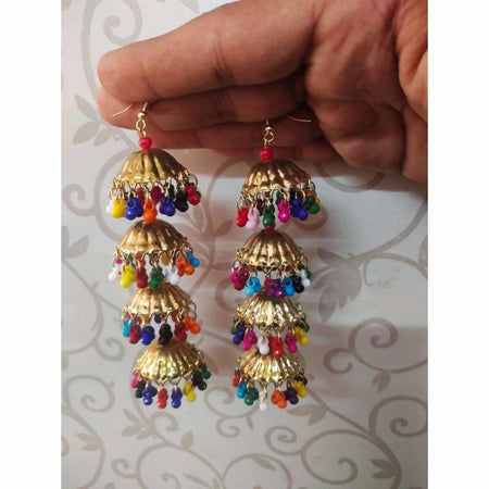 MS Fashion India Gold Color Umbrella Design With Multi Color Drops And Danglers Jhumka Earrings