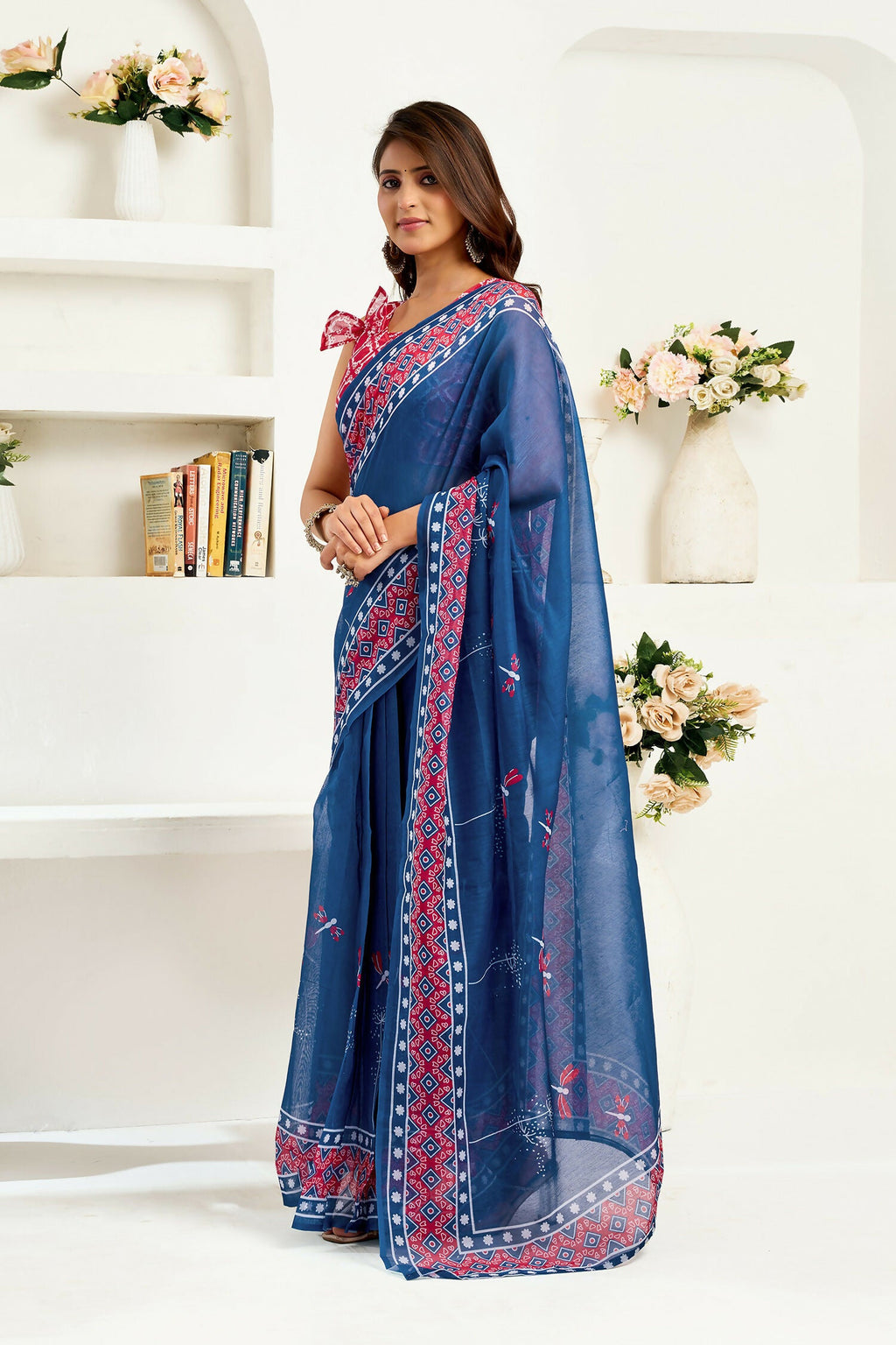 Joban Fashion Navy Blue Kalamkari & Ajrakh Linen Ready To Wear Saree With Unstitched Blouse - Distacart
