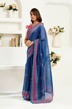 Joban Fashion Navy Blue Kalamkari & Ajrakh Linen Ready To Wear Saree With Unstitched Blouse - Distacart