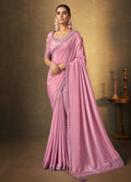 Pink Crepe Georgette Silk Cord Embroidered with Swaroski Work Saree With Unstitched Blouse Piece - Norita Royal Erisha