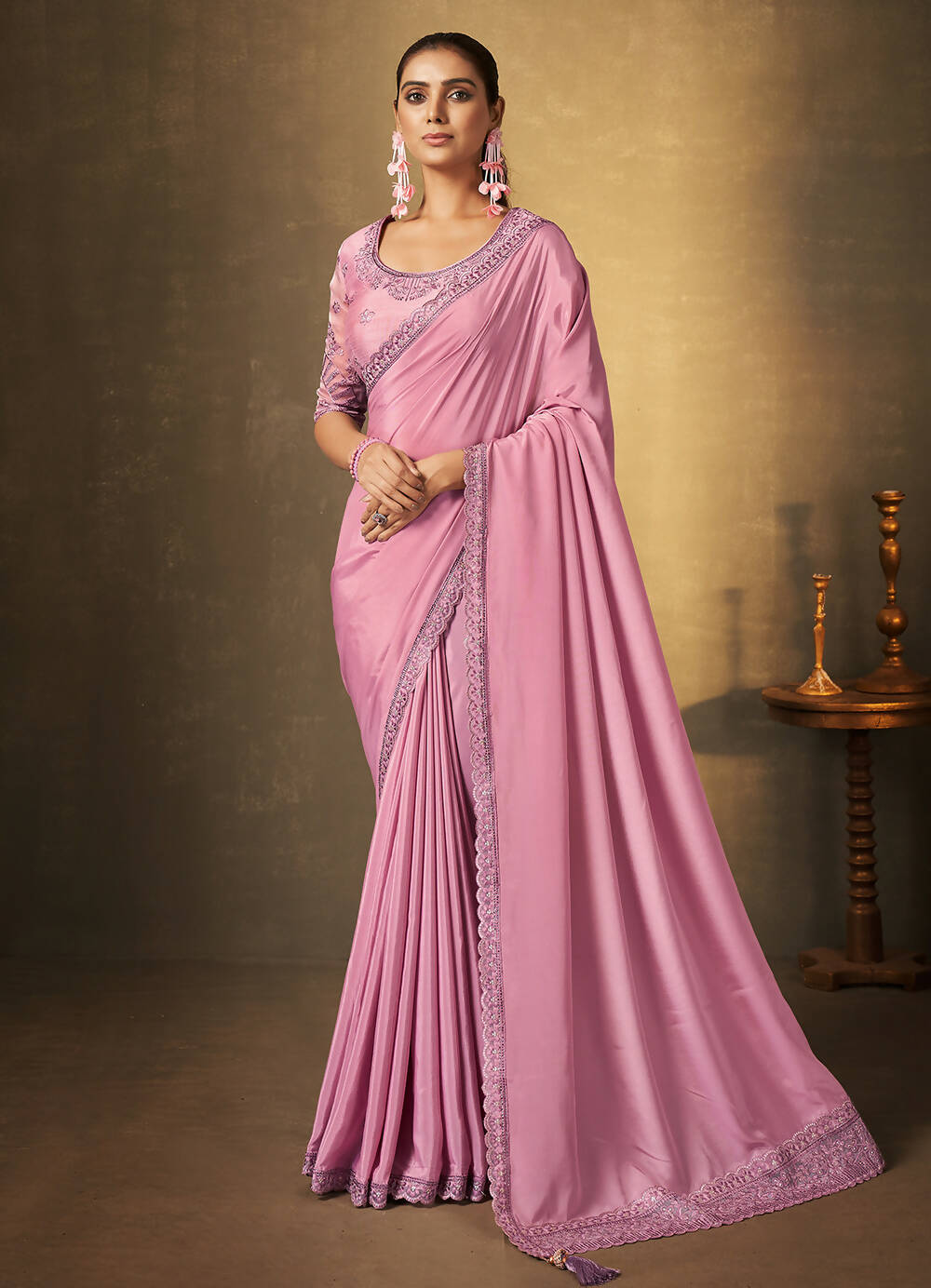 Pink Crepe Georgette Silk Cord Embroidered with Swaroski Work Saree With Unstitched Blouse Piece - Norita Royal Erisha