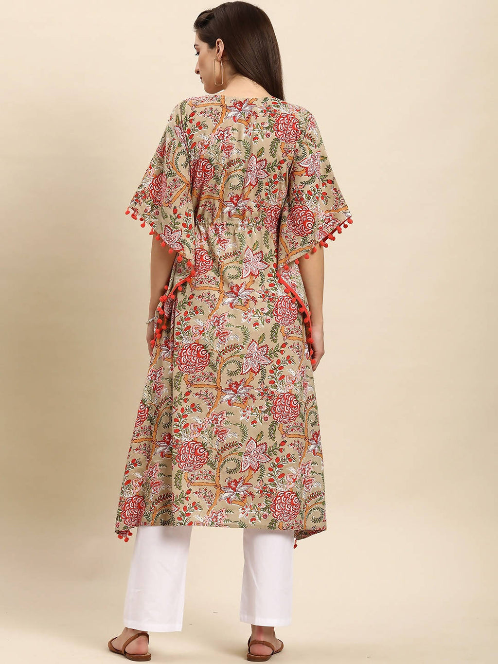 Janasya Beige & Pink Floral Printed Floral Kaftan Kurta - Distacart