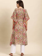 Janasya Beige & Pink Floral Printed Floral Kaftan Kurta - Distacart