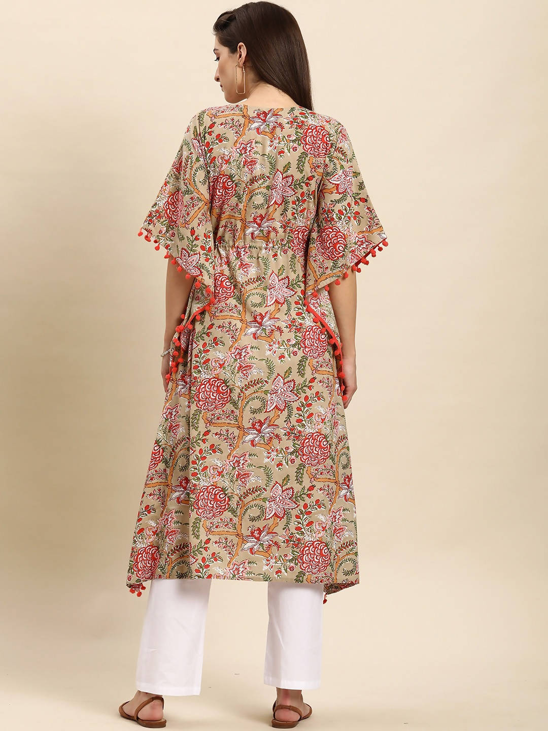 Janasya Beige & Pink Floral Printed Floral Kaftan Kurta - Distacart