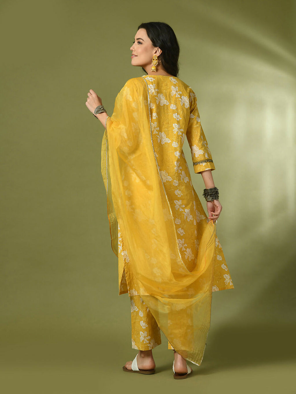 Myshka Women's Yellow Printed Cotton Straight Party Kurta Set With Dupatta