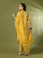 Myshka Women's Yellow Printed Cotton Straight Party Kurta Set With Dupatta