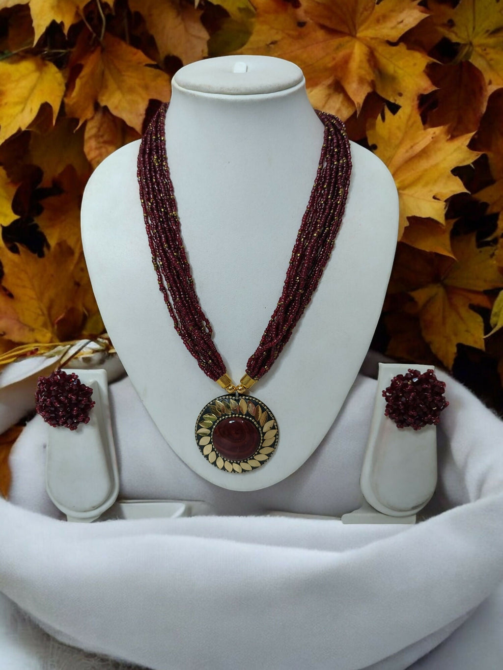 Inhanns All-Day Statement Beaded Necklace Set - Maroon