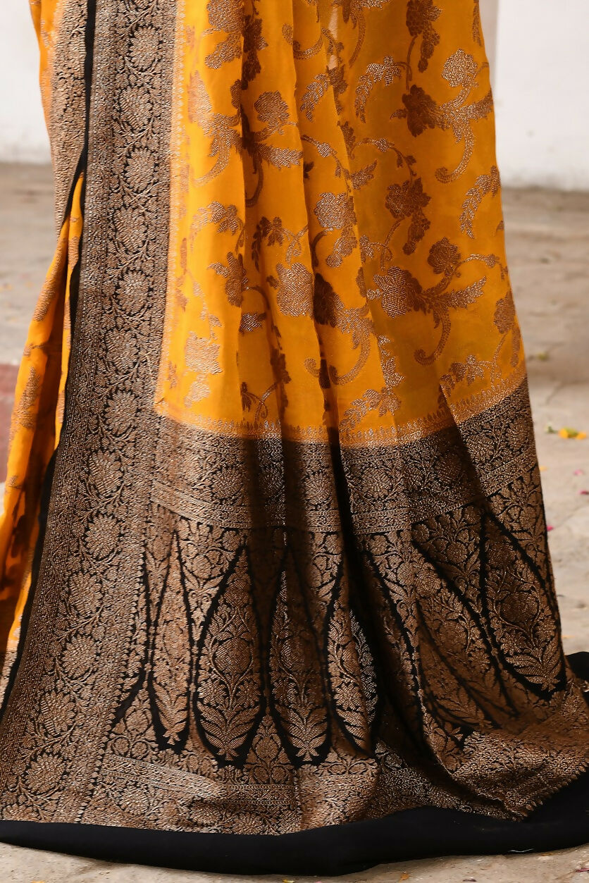 Joban Fashion Yellow Crepe Chiffon Pure Handloom Banarasi Silk Saree