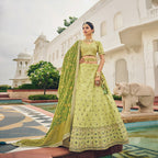Olive Green Heavy Viscose Khatli, Embroidery & Mirror Work Unstitched Lehenga Choli - Sisha Keshav