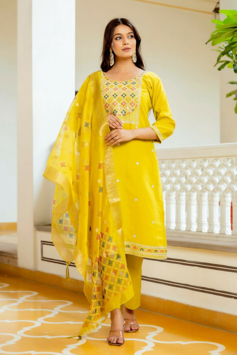 The52 Yellow Women's Beautiful Embroidered Viscose Shimmer Fabric with Straight Kurta, Pant and Dupatta Set - Distacart