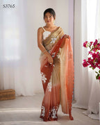 Choco and Orange Crunchy Crush Pedding Color Embroidery Work Party Wear Saree - Zuleika