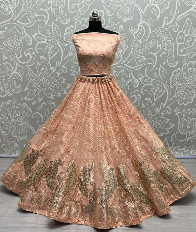 Jyoti Fashion Women's Peach Bridal Net Fancy Foil & Sequins with Multi Thread Embroidered Wedding Lehenga Choli