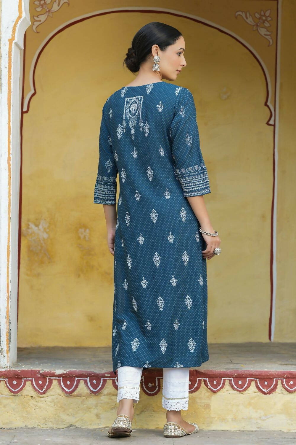 Juniper Women's Blue Rayon Staple Printed Straight Kurta - Distacart