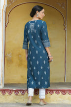 Juniper Women's Blue Rayon Staple Printed Straight Kurta - Distacart