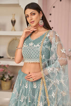 Aastha Fashion Ocean Blue Butterfly Net White Cotton Thread Work, Zari Work And Sandwich Sequence Work Embroidery Wedding Wear Lehenga Choli