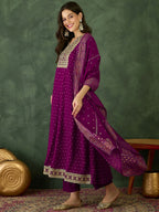 The52 Wine Women's Gorgeous Embroidered Work Vichitra Silk Fabric Flared Kurta Pant and Dupatta Set - Distacart