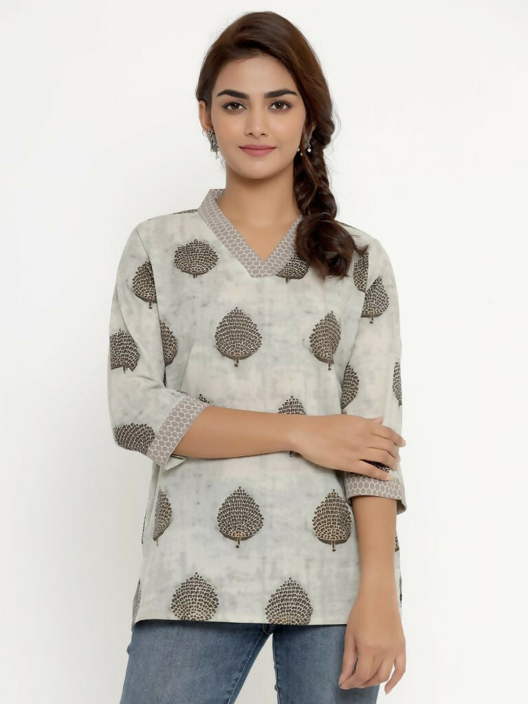 Miravan Women's Brown Floral Printed Pure Cotton Tunic