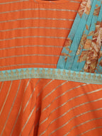 Ahalyaa Orange Crepe Gold Striped Printed Kids Dress Kurta With Attached Dupatta For Girls