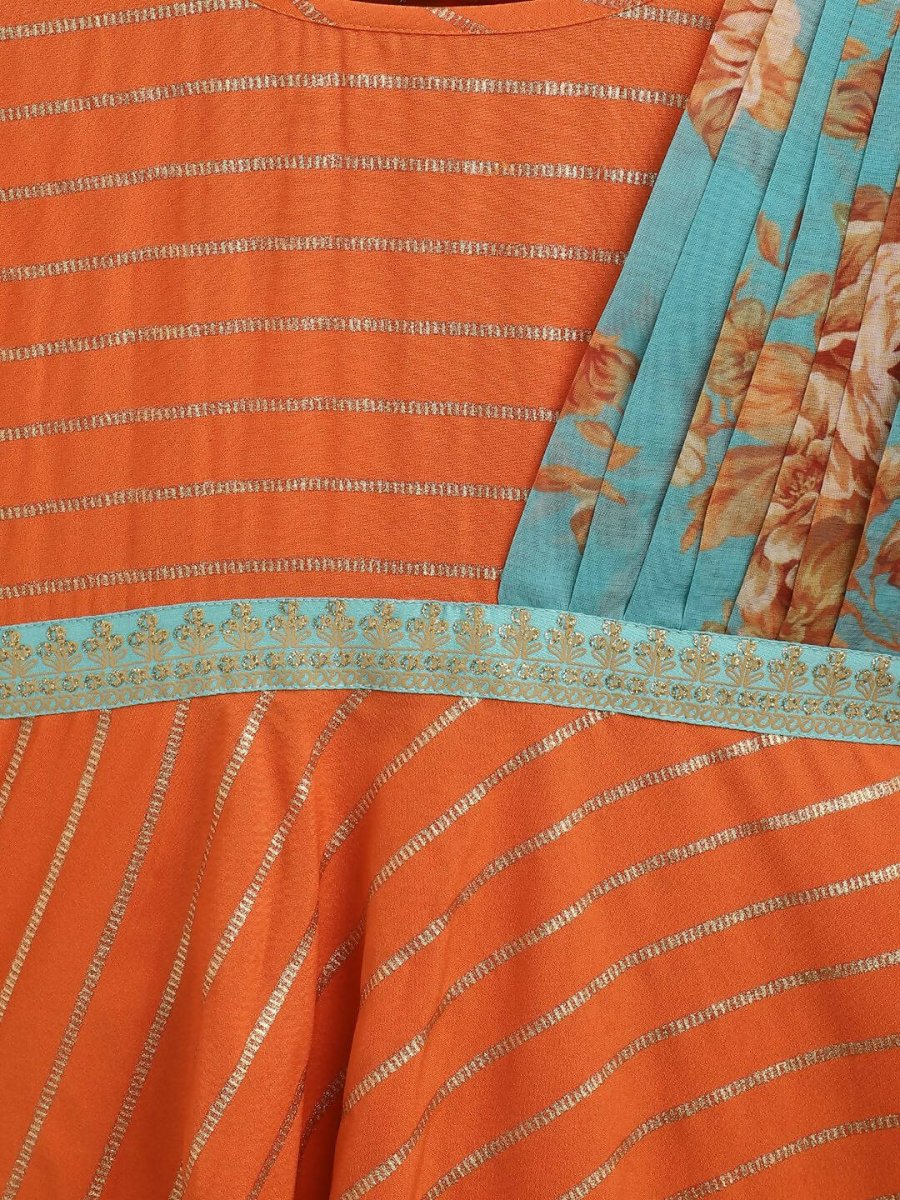 Ahalyaa Orange Crepe Gold Striped Printed Kids Dress Kurta With Attached Dupatta For Girls