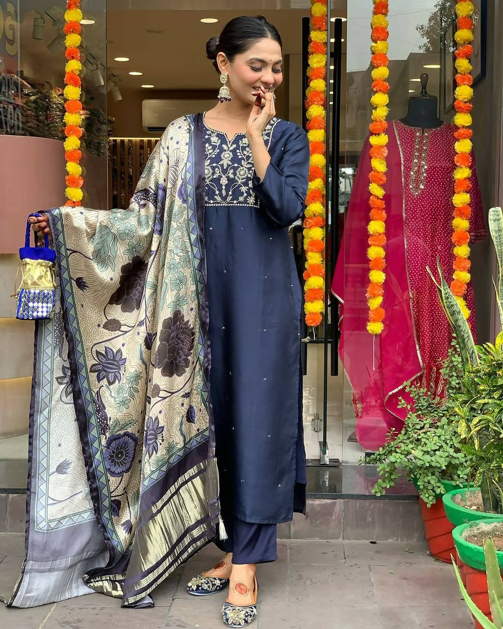 The52 Navy Blue Women's Beautiful Viscose Chanderi Fabric Embroidered Work Straight Kurta Pant and Dupatta Set - Distacart