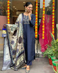 The52 Navy Blue Women's Beautiful Viscose Chanderi Fabric Embroidered Work Straight Kurta Pant and Dupatta Set - Distacart