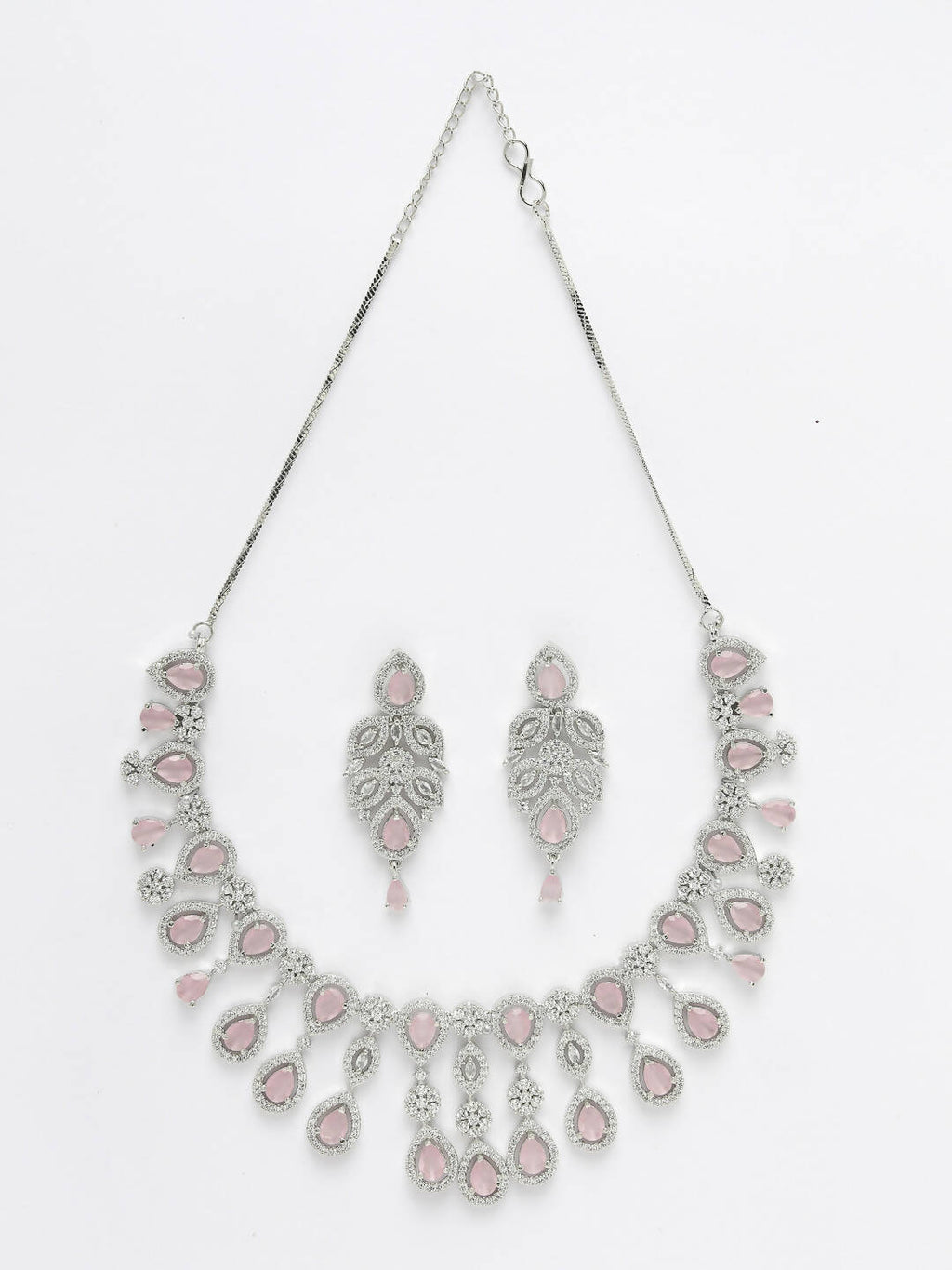 NVR Women Silver Plated & Pink Cz Stone Handcrafted Jewellery Set