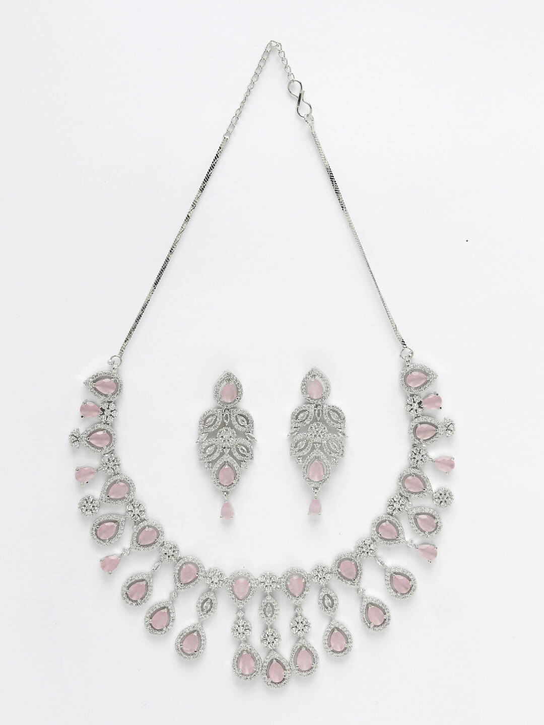 NVR Women Silver Plated & Pink Cz Stone Handcrafted Jewellery Set