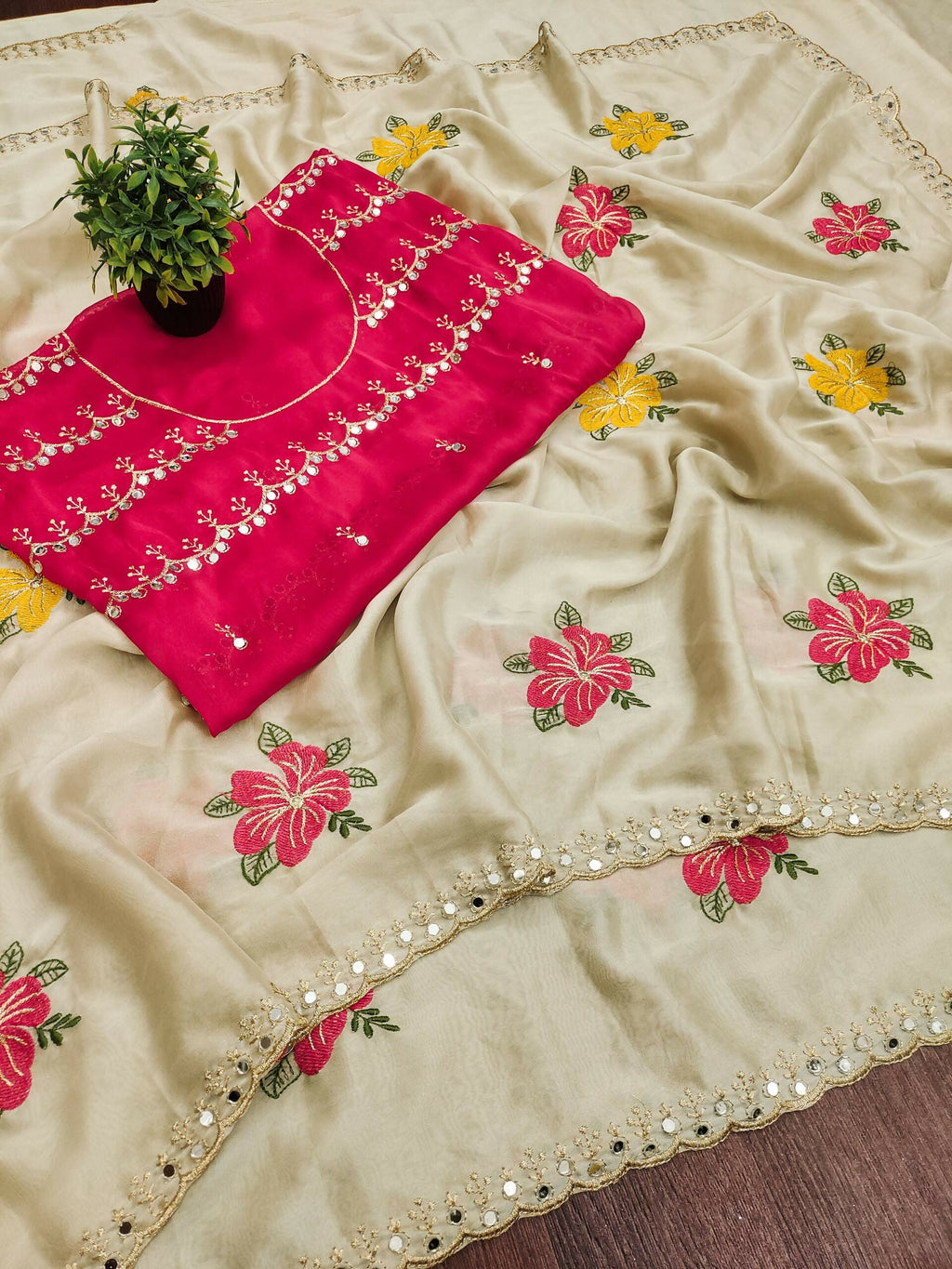 Teeya Creation Cream Rangoli Silk Embroidery Work Party Wear Designer Saree - Distacart