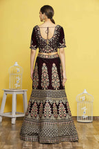 Wine Velvet Semi-Stitched Wedding Bridal Lehenga - Nimaya