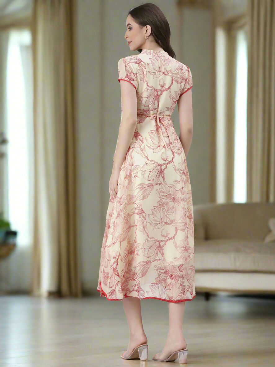 Souchii Floral Tiered Midi Dress For Women – Elegant Beige Button-Front A-Line