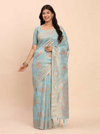 Shree Shyam Fashion Linen Cotton Sky Blue Saree - Distacart