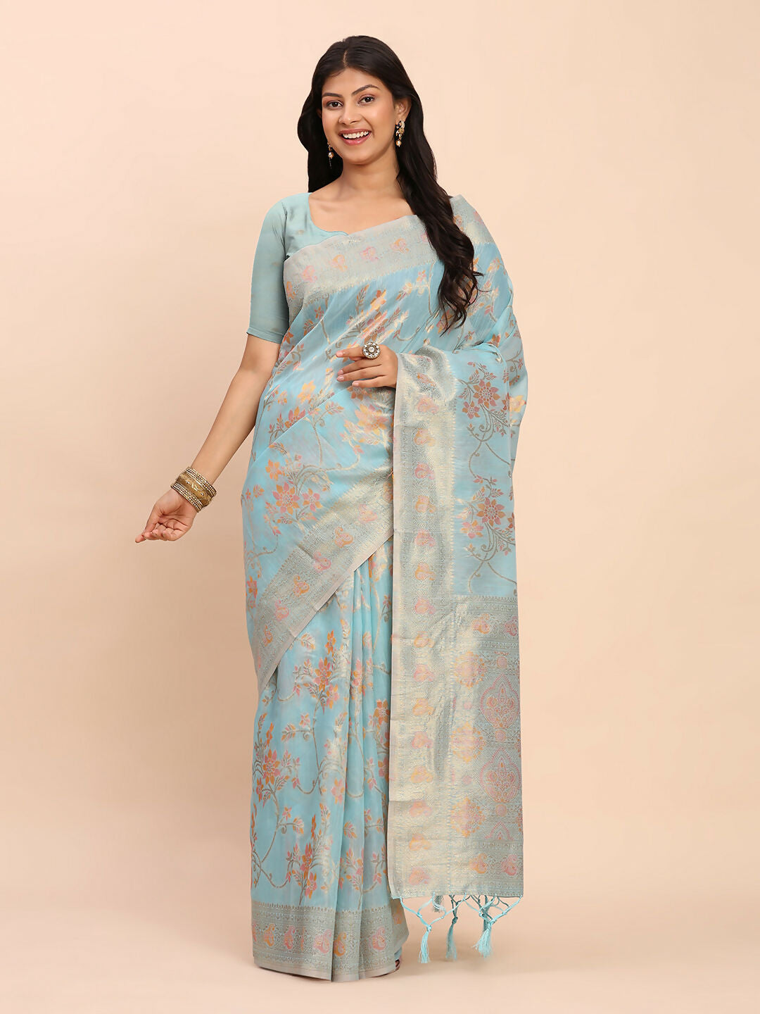 Shree Shyam Fashion Linen Cotton Sky Blue Saree - Distacart