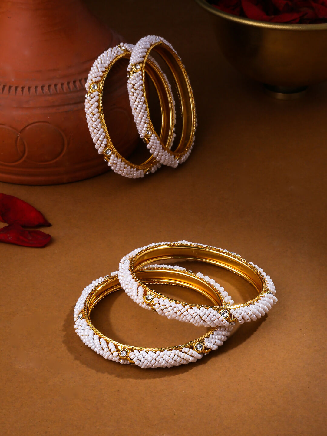 NVR Women Set of 4 Gold-Plated Traditional Pearls Beaded Bangles - Distacart