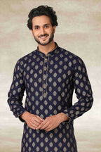 Raivat Ethnic Cotton Printed Work Kurta Pajama In Navy Blue Colour