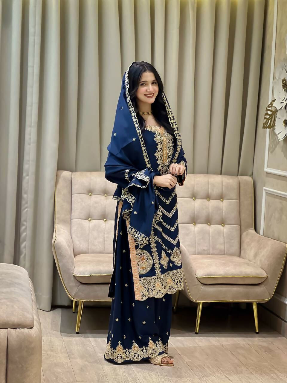 Teeya Creation Blue Color Chinon Silk Party Wear Trending Palazzo Set - Distacart