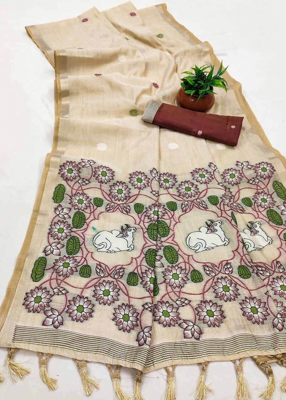 Vastranavya Cream Muga Cotton Meenakari & Azarakh Pallu Saree with Contrast Blouse - Distacart