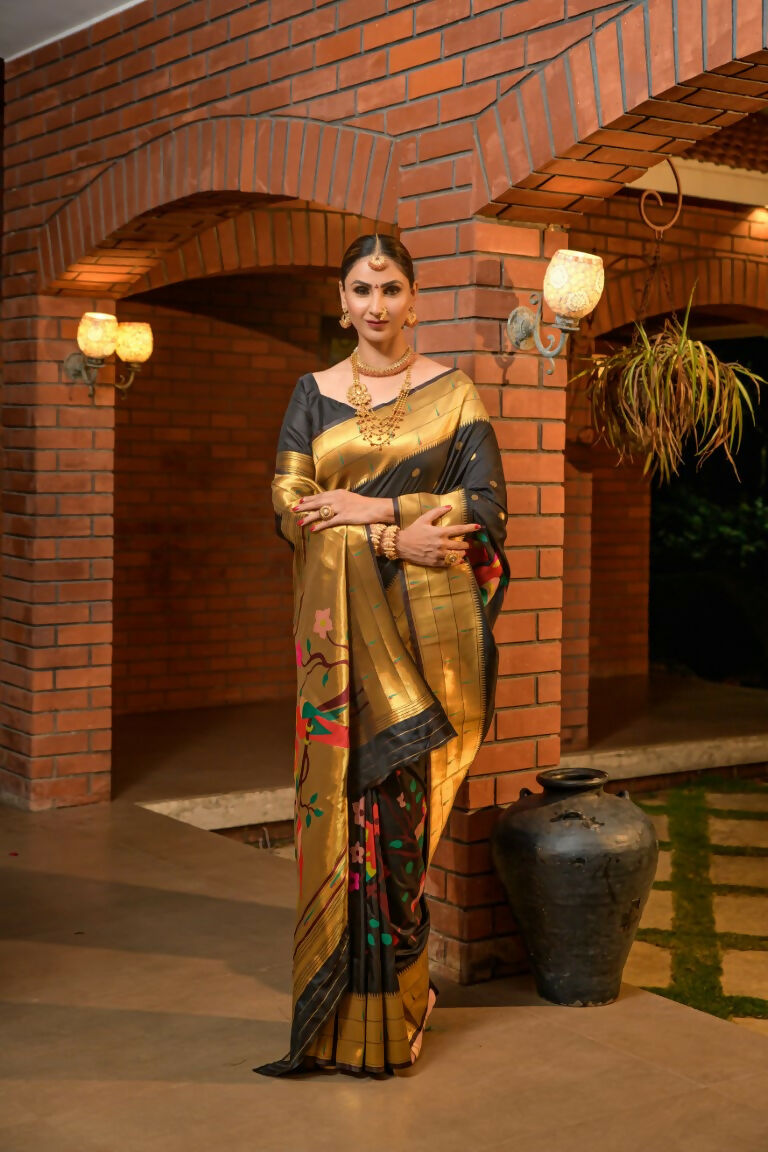 Jyoti Fashion Women's Black Paithani Silk Zari Woven Saree with Blouse