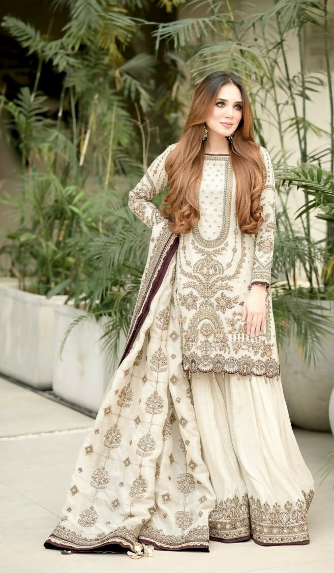 Teeya Creation White Faux georgette Designer heavy work Wedding Wear Palazzo pair - Distacart