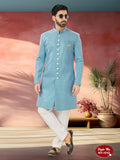 Joban Fashion Men's Blue Straight Imported Armani Thread And Sequence Embroidary All Over Indo-Western Kurta Set